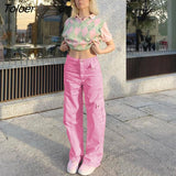 Pink Wide Leg Baggy Mom Jeans Women Low Waist Korean Fashion Denim Trousers Big Pockets Cargo Pants Hippie