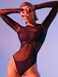 Fashion Women's Rompers Round Collar Slim Long Sleeve Gauze Perspective Waist Short Playsuits Female Spring 2023