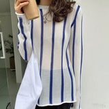 Korean Style Blue Striped Long Sleeve T Shirt Knitted Mesh Tops See Through Sexy Tee Shirt Loose Oversized Fall