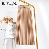 2020 Casual Belted Pleated Skirt Woman Midi Fashion Elegant Retro Chic Skirt Female Harajuku Spring Summer Faldas