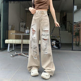 High Street Ripped Jeans Women's Summer New Thin High-Waisted Straight-Legged Loose Drag