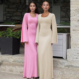 Toloer Women's New Autumn New Fashion Loose U-Neck Back With Long-Sleeved Dress-Outfit