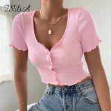 V Neck Ruffles Short Sleeve T Shirt Women Summer Casual Button Crop Top Basic Blue Pink T Shirt