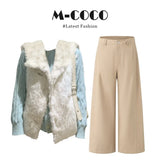 Daily Commute Relaxation Green Knitted Jersey Folded Vest Coat Wide Leg Trousers