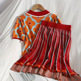 Summer Fashion Knit Skirt Suits Women Short Sleeve FlowerJacquard Sweater Cropped Top + Mini Pleated Skirt Set 2pcs