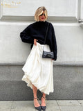 Fashion Beige Satin Skirts For Women Elegant High Waist Office Lady Ankle-Length Skirt Casual Loose Skirt Female