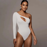 Out Bodysuits 2021 Spring Long Sleeve Solid One-Shoulder Patchwork Skinny Women Fashion Sexy Streetwear