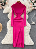 Winter Turtleneck Knitted Dress Long Sleeve Elastic Waist Slim Autumn Dress 2022 Women Solid Split Sweater Long