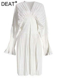 Fashion Women's Dress V-neck Long Sleeve Metal Buckle Belt Waist Knee-length Pleated White Dresses Female Spring 2023
