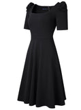 Vintage Square Collar Short Sleeves Solid A-line Midi