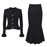 V-Neck Loaf Side Long Sleeve Open Shirt Bag Hip Fishtail Long Dress Elastic Knitted Two-Piece Suit