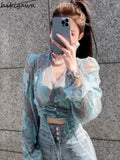 Tops Blouse Women Long Sleeve Drawstring Print Shirts V-neck Lace Ruffles Sexy Summer Blouses 2023 Blusas Mujer De