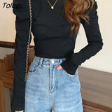 2023 Black White Puff Long Sleeve Pullovers Women O Neck Slim Fit Women's Jumper Autumn Winter Wild Bottoming Tops