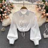 Women Korean Satin Blouse Turndown-Collar Puff Sleeve Single Breasted Slim Top Autumn Fashion Streetwear Short