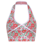 V Neck Sleeveless Knitted Crop Top Women Backless Halter Tanks Camis Top Summer Fashion Floral Print Camisole Y2K