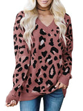 Autumn Winter New V-Neck Pullover Long Sleeve Top Crochet Knitting korean style Leopard Jacquard Women's Blouses