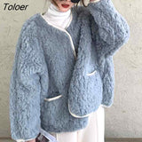 Autumn Winter Lamb Wool Coat Women Korean Round Neck Thicken Warm Jacket Woman Long Sleeve Pockets Plush Jackets