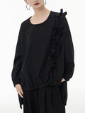 Women Blue Irregular Ruffles Big Size Casual T-shirt New Round Neck Long Sleeve Fashion Tide Spring Autumn 2023