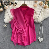 Women's Shirt French Vintage Ruffles Blouse Sexy Elegant Pleated O-neck Summer Female Sleeveless Slim Tops White