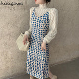 Temperament Women 2 Piece Set Turtleneck Hollow Out Sweet Tops Slim Waist Sling Bodycon Dresses Suit Roupas Femme Chic