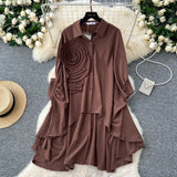 Version Of High-End Sense Polo Collar Shirt Women Autumn Three-Dimensional Flowers Loose Irregular Folding Tail Design