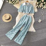 Women Lace Two Piece Set Spring Summer Elegant Turn-Down Collar Single Breasted Short Tops + High Waist Wide Leg Pants Suits