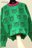 Quality Runway Designer Cat Print Knitted Sweaters Pullovers Women Autumn Winter Long Sleeve Harajuku Sweet