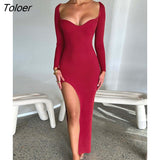 2023 Autumn Knitted High Split Dress For Women Robe Elegant V Neck Full Sleeve Bodycon Sexy Long Dress