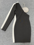 Black Sexy Cut Out Dress For Women V Neck Long Sleeve Patchwork Diamonds Asymmetrical Sheath Mini Dresses