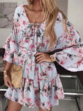 Bohemian Women Floral Printed Dress 2022 Celmia Summer Lace Up V Neck Beach Party Mini Vestidos Elegant Flared Sleeve
