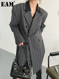 Women Gray Striped Big Size Long Blazer New Lapel Long Sleeve Loose Fit Jacket Fashion Tide Spring Autumn 2023