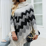 Autumn Winter Fringe Poncho Women Sweater Oversized Turtleneck Jumper Knitwear Holiday Vintage Cape Batwing Sleeve