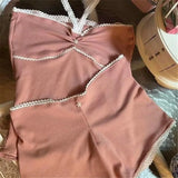Piece Sets Women Outfit 2000s Aesthetic Fairycore Grunge Lace Patchwork Strapless Sleeveless Crop Top and Shorts y2k