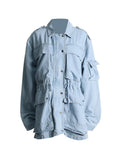 Toloer 2024 New Fashion Multi-Pocket Design Sense Waist Show Thin Long Work Style Denim Coat Female-Outfit