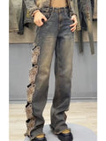 Y2K Streetwear Harajuku Butterfly Decoration Denim Pants Women's High Waist Embroidery Loose Straight Hole Ripped