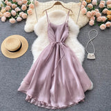 Women Elegant French Dress Sexy Sleeveless Sashes A-line Dresses Summer Sexy Off Shoulder Vacation Beach Midi