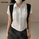 Summer Korean Fashion White Shirt Short Sleeve Double Pocket Solid Shirts Women Japanese Style Blouse Lapel Collar