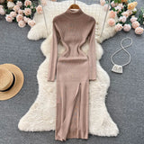 Winter Turtleneck Knitted Dress Long Sleeve Elastic Waist Slim Autumn Dress 2022 Women Solid Split Sweater Long