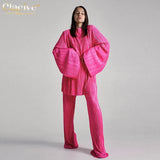 Fashion Pink Pleated Women Two Piece Outfits 2022 Elegant Loose Lace-Up Long Sleeve Shirts With Wide Pants Set