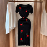 Summer Fashion Temperament Short-Sleeved Round To Receive Waist Thin Long Embroidery Knitted Coat