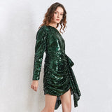 Sequined Women Dress Asymmetrical Collar Puff Long Sleeve High Waist Bow Irregular Dresses Female Fashion 2020
