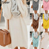 Women Autumn Solid Color O Neck Plush Sweater Fluffy Loose Knee-length Dress Knitted Casual Clothes Solid