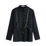 Vintage Long Sleeve Black Blouse Harajuku Women Men Shirt 2023 Autumn Korean Bandage Blusas Medium-long Tops Coat