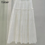 Boho Elegant White Long Skirt Women Hook Flower Hollow Folds Hem High-waisted Skirts Casual Holiday Female Clothes