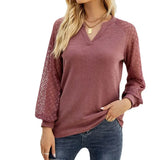 Casual Long Sleeve Women Tshirts V Neck Lace Mesh Long Sleeve Tops Female Vintage Clothes Loose Tees Shirts Blusas