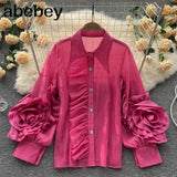 Ruffle Trim Shirt For Women Lapel Lantern Sleeve Loose Solid Button Through Blouse Female Fashion