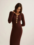 New Women's Dress French Retro Solid Color V-Neck Long-Sleeved Bag Hip Knitted