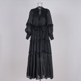 Temperament Dress 2025 New V-Neck Lantern Sleeves Folded Long Silk Dress