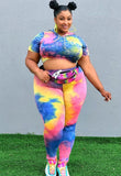 Printed Casual Hooded Short Sleeves High Waist Tie Dye Skinny Plus Size Two Piece Pants