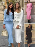 V-Neck Loaf Side Long Sleeve Open Shirt Bag Hip Fishtail Long Dress Elastic Knitted Two-Piece Suit